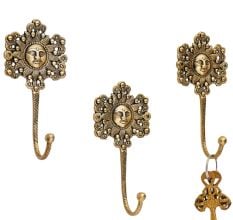 Pack of 3 Handmade Yellow Brass Sun God Face Single Wall Hook