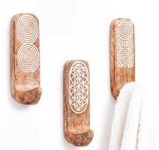 3 Pieces Designer Wooden Adhesive Wall Hooks With Geometric Patterns