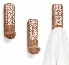 3 Pieces Wooden Self Adhesive Brown And White Wall Hooks