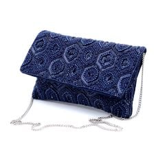 Handcrafted Navy Blue Beaded Evening Clutch Bag with Chain Strap