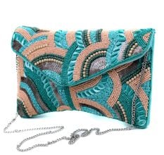 Handcrafted Turquoise Beaded Evening Clutch Bag with Chain Strap