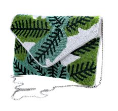 Handcrafted Tropical Leaf Beaded Clutch Bag with Chain Strap