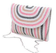 Elegant Stripe Hand Beaded Clutch Bag with Chain Strap