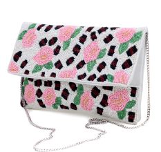 Handmade Floral Beaded Clutch Bag with Pink Roses