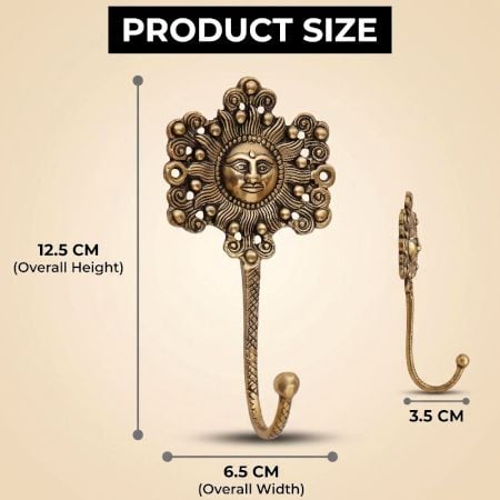 Pack of 3 Handmade Yellow Brass Sun God Face Single Wall Hook