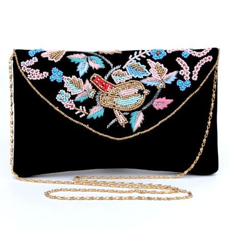 Black Beaded Cotton Sling Bag For Women With Bird Design