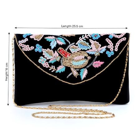 Black Beaded Cotton Sling Bag For Women With Bird Design