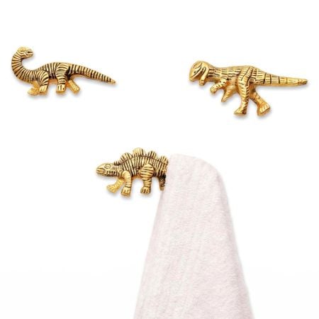 Modern Dinosaur Aluminium Golden Heavy Duty Wall Hooks-Pack of 3