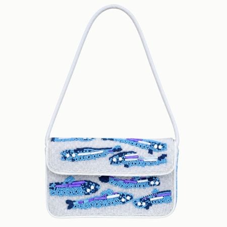 Handmade Beaded Shoulder Bag White & Blue Fish Pattern