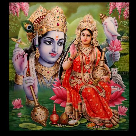 Lord Vishnu and Goddess Laxmi Vintage Paper Painting