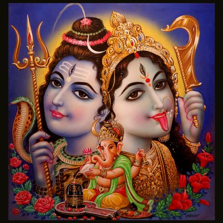 Vintage Paper of Painting of Hindu Deity Shiva, Ganesha and Maa Kali