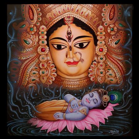 Baby Krishna and Goddess Yamuna Paper Painting