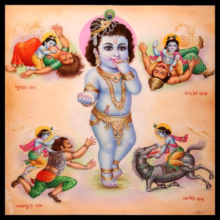 Baby Krishna Paper Painting in Vintage Style for Decor
