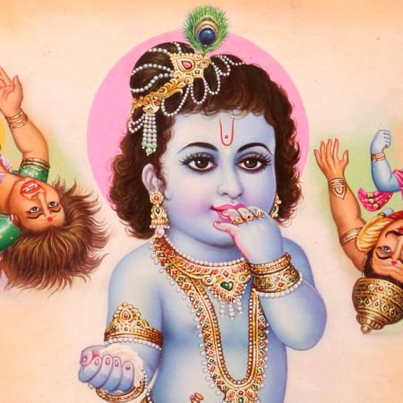 Baby Krishna Paper Painting in Vintage Style for Decor