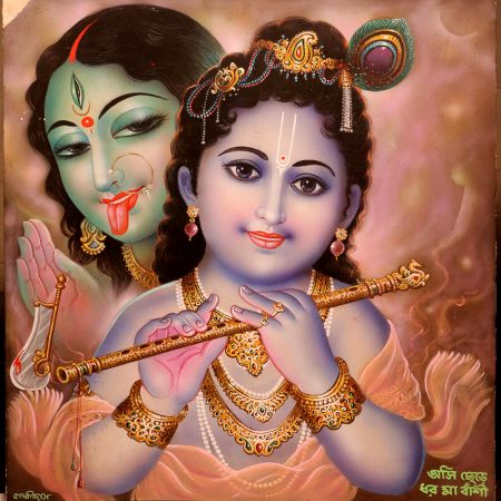 Vintage Paper Painting of Lord Krishna and Maa Kali