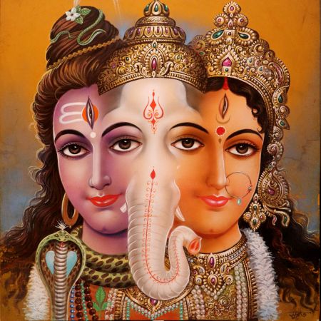 Vintage Paper Painting of Shiva, Ganesha and Parvati