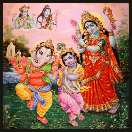 Hindu God Ganesha, Krishna and Maa Kali Vintage Paper Painting