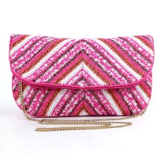 Pink Chevron Hand Beaded Clutch Bag with Gold Chain Strap