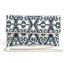 Royal Indigo Ikat Hand Beaded Sling Bag with Gold Chain Strap