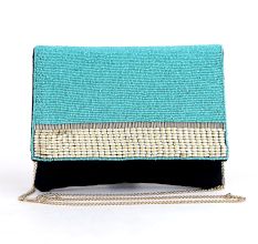 Turquoise Hand Beaded Clutch with Woven Accent and Black Base