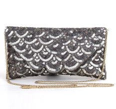 Silver Cascade Sequin Hand Embroidered Sling Bag with Gold Chain Strap