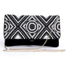 Midnight Monochrome Hand Beaded Geometric Clutch with Chain Strap