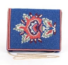 Blue Beaded Dragon Embroidered Sling Bag with Chain
