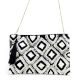 Black And White Ziptop Jacquard Cotton Clutch bag With Tassle