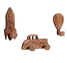 3 Pieces Wooden Adhesive Air Balloon Car And Rocket Shape Wall Hooks