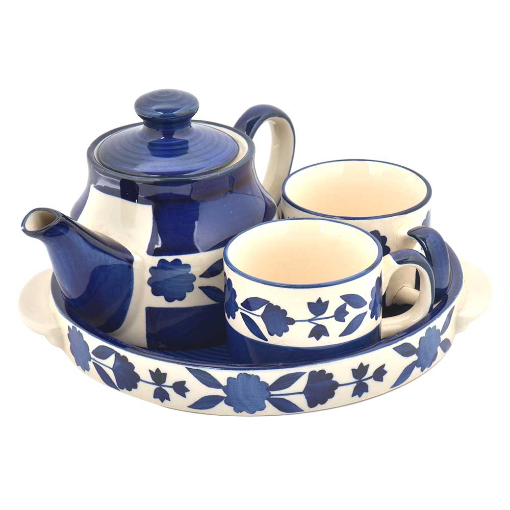Blue Pottery Tea Set With Tray