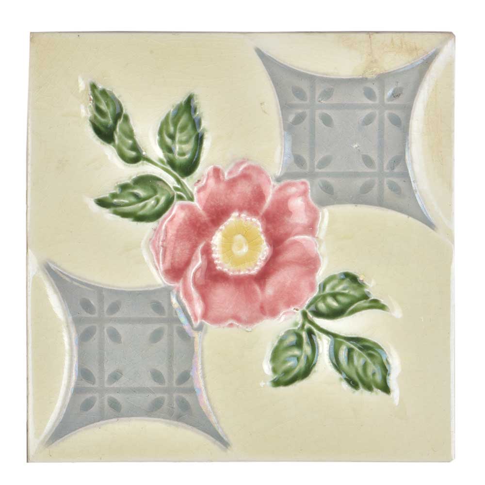 Vintage Ceramic Tile Of Pink Flower With Leaves