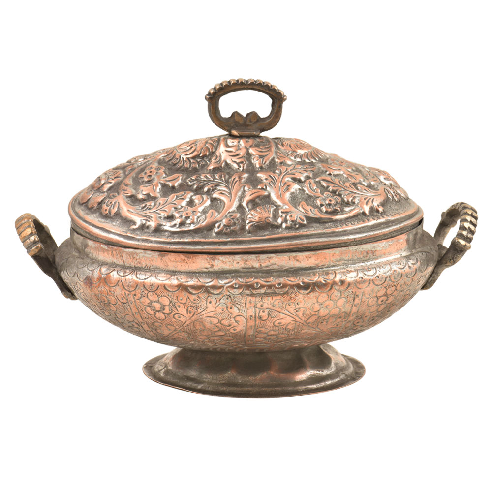 Engraved Leaf Kashmiri Copper Rice Bowl With Lid And Handles